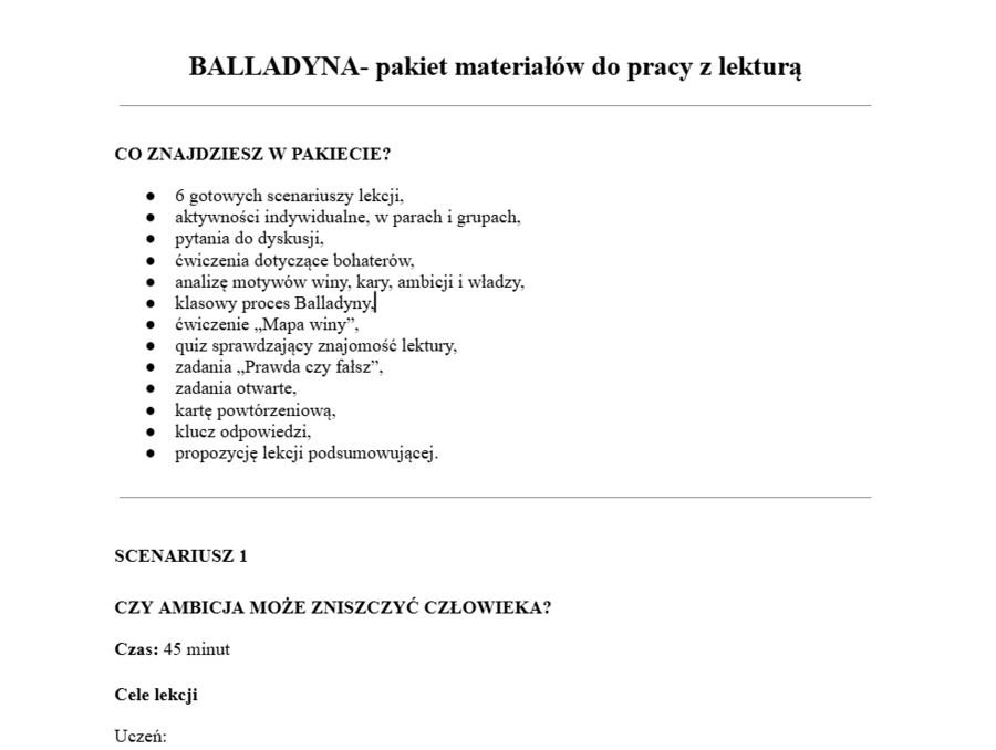BALLADYNA- pakiet materiałów do pracy z lekturą
