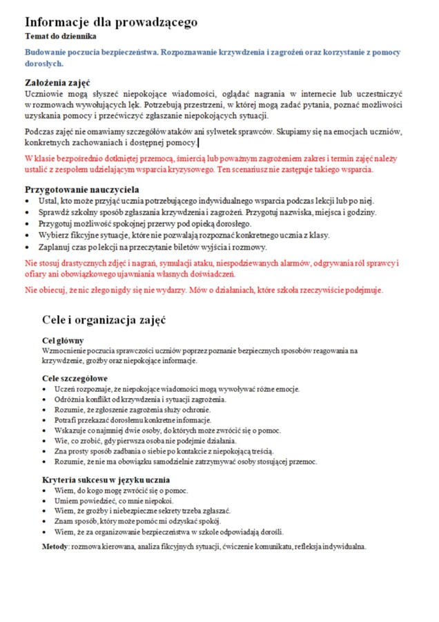 MAM PRAWO CZUĆ SIĘ BEZPIECZNIE – scenariusz zajęć dla klas 4–8