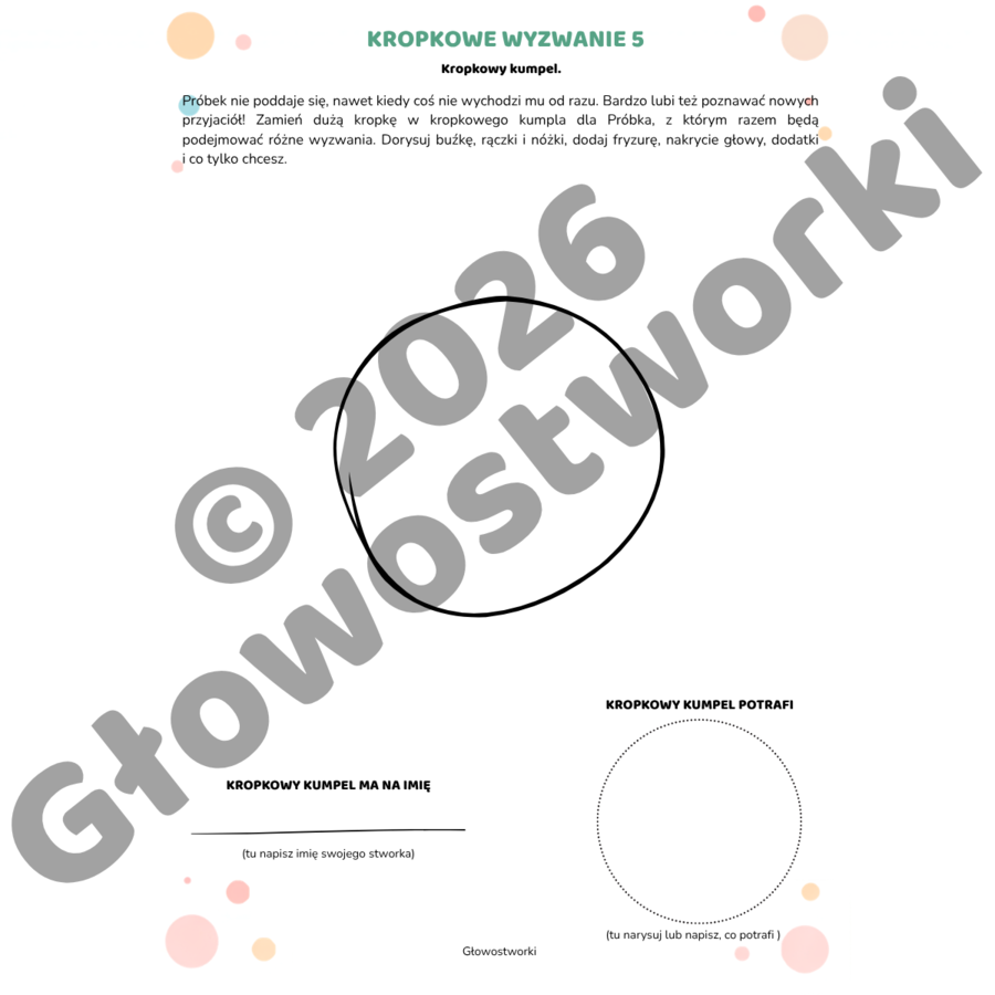 DZIEŃ KROPKI – Kropkowe wyzwania z Próbkiem/ kodowanie, percepcja, uważność / klasy 1–3/ PDF + dyplom