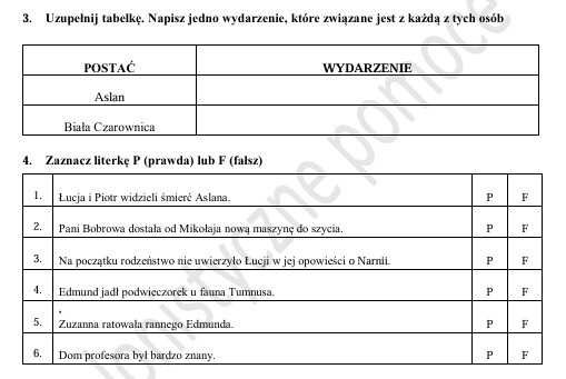 Sprawdzian po omówieniu lektury "Opowieści z Narnii" + odpowiedzi