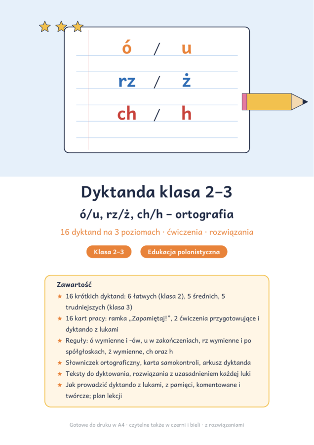 Dyktanda klasa 2–3: ó/u, rz/ż, ch/h – ortografia