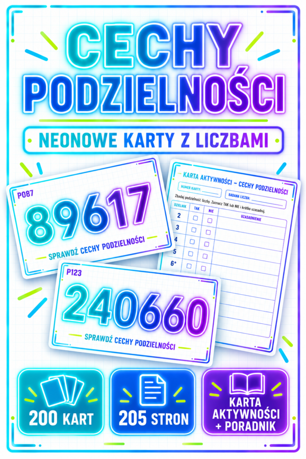 Neonowe karty „Cechy podzielności” – zestaw 200 kart z liczbami