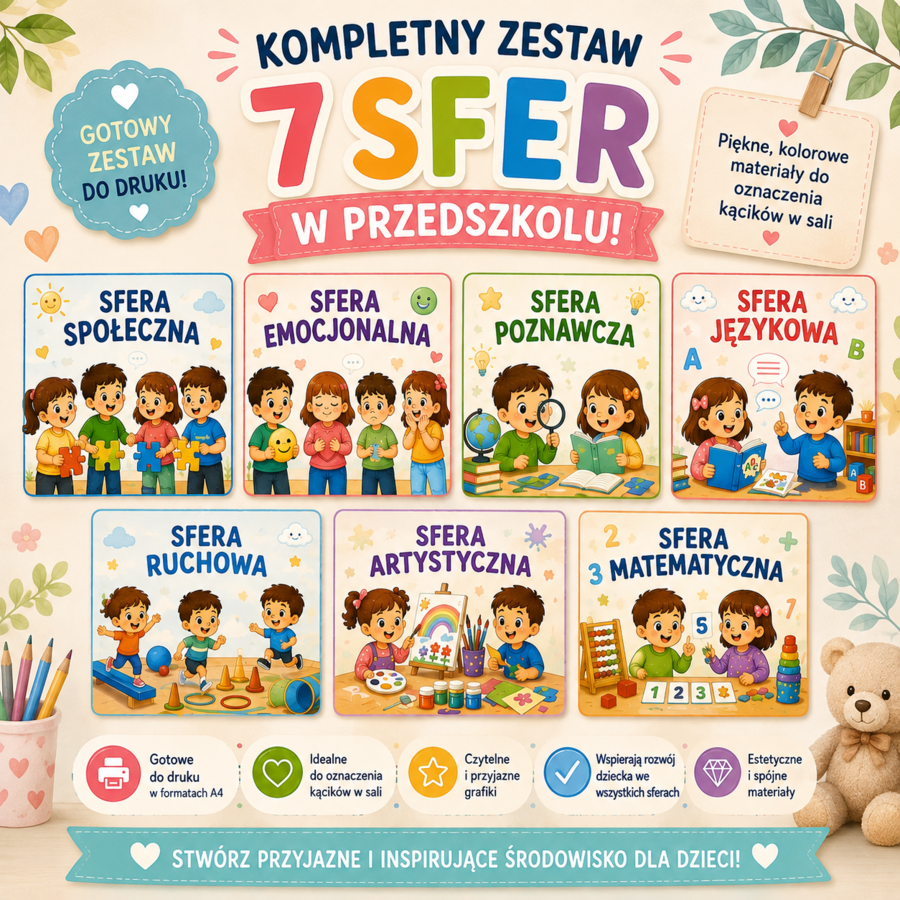 Piękny, kolorowy zestaw 8 plansz oznaczających sfery rozwoju w przedszkolu