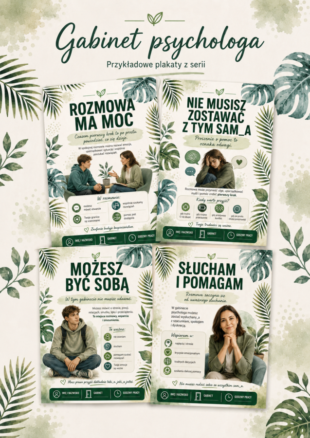 Gabinet psychologa -plakaty, gazetka do gabinetu specjalisty szkolnego