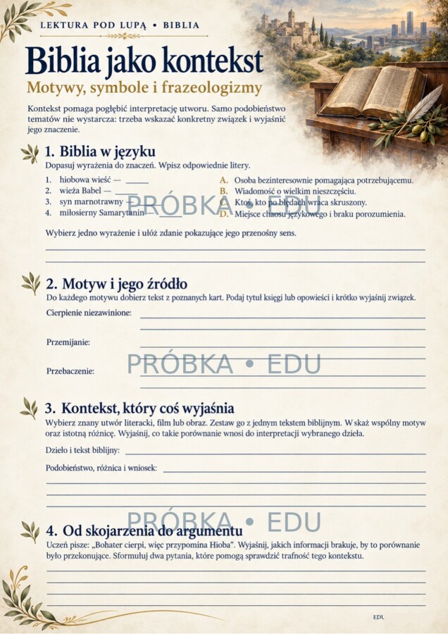 BIBLIA — LEKTURA POD LUPĄ | 15 kart pracy, test i odpowiedzi | szkoła ponadpodstawowa