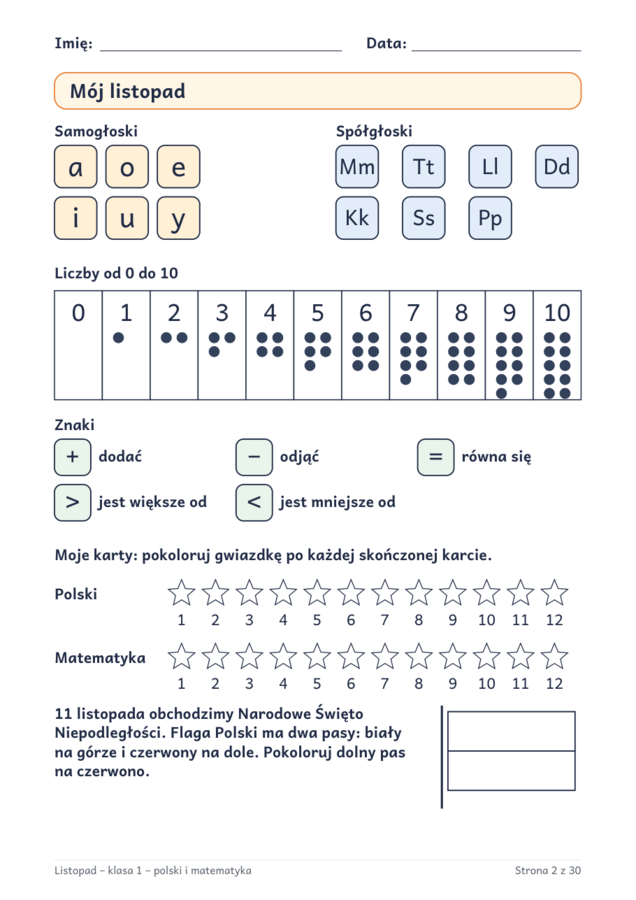 Listopad klasa 1: karty pracy z polskiego i matematyki