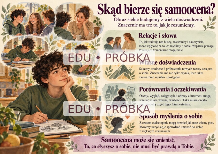 SAMOOCENA - Czyją opinią mierzysz swoją wartość?  Gazetka edukacyjna: 21 ilustrowanych plansz A4 w poziomie.