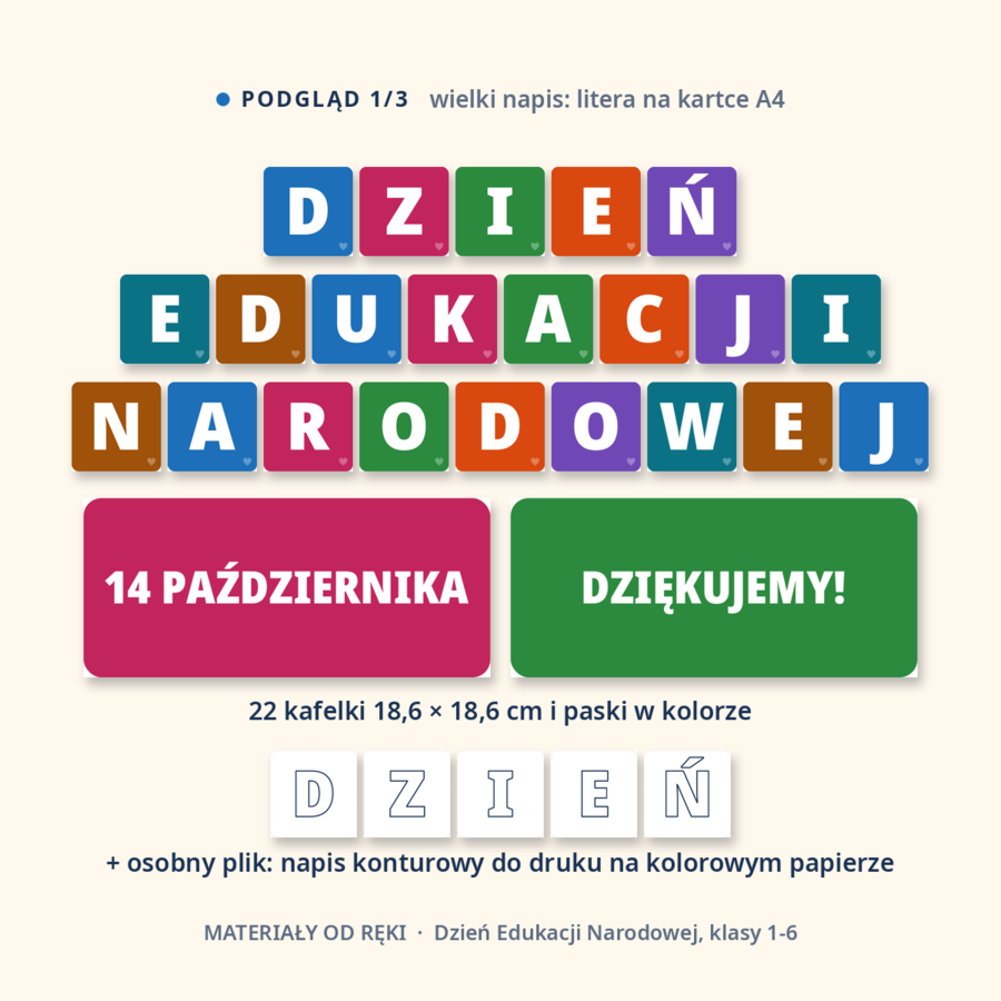 Gazetka na Dzień Edukacji Narodowej 14 października: napis, 10 plansz o KEN, podziękowania i dekoracje, klasy 1-6