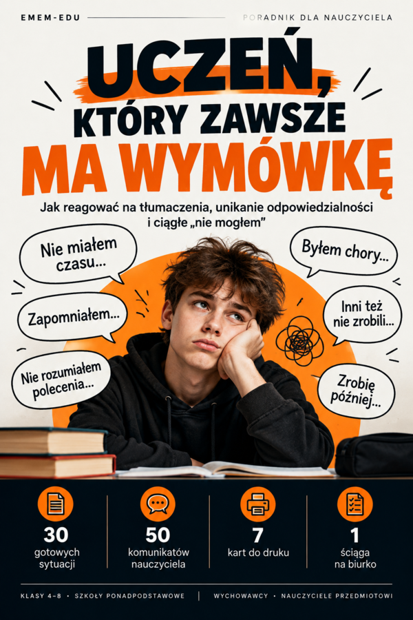 Uczeń, który zawsze ma wymówkę – poradnik dla nauczyciela | 30 sytuacji, 50 gotowych komunikatów i karty do druku