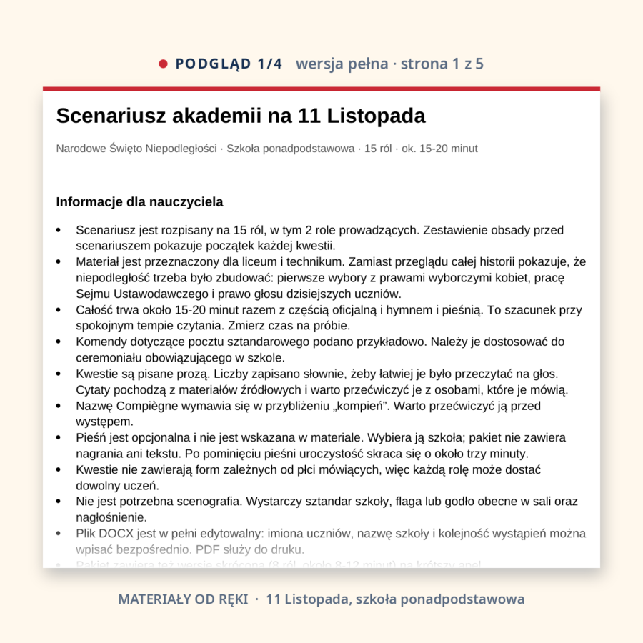 Scenariusz akademii na 11 Listopada: Narodowe Święto Niepodległości, szkoła ponadpodstawowa, wersja pełna i skrócona