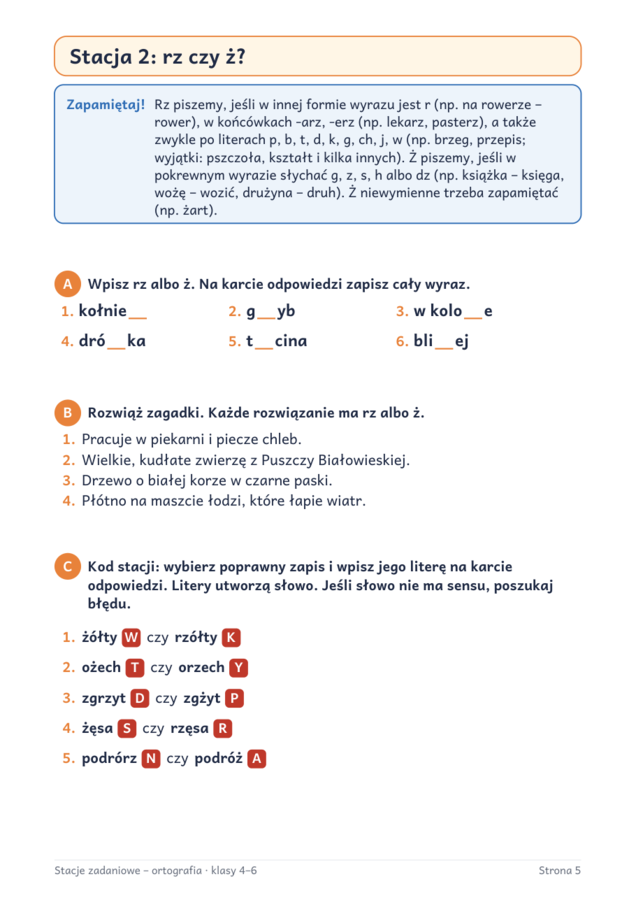 Stacje zadaniowe – ortografia klasy 4–6: ó/u, rz/ż, ch/h, nie, wielka litera