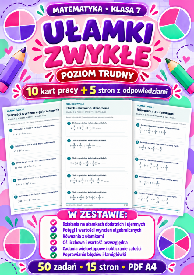 UŁAMKI ZWYKŁE-TRUDNE-klasa 7