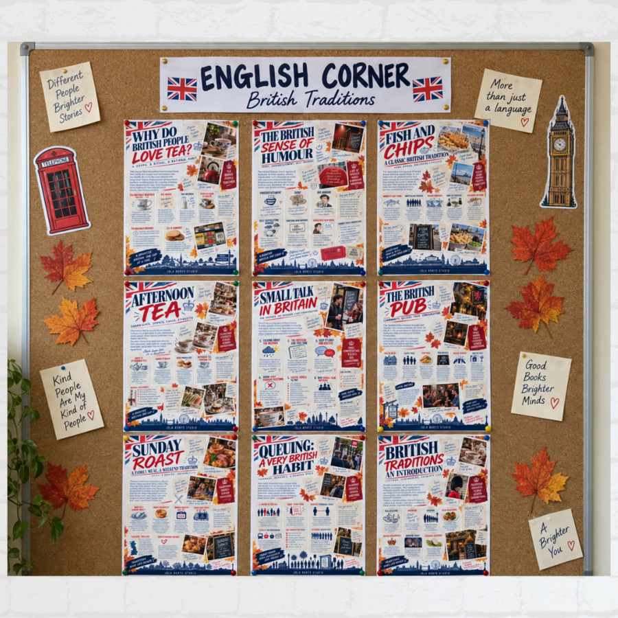 Gazetka z języka angielskiego – Brytyjskie tradycje: British Traditions | 16 plakatów + karty pracy + quiz w Google Forms