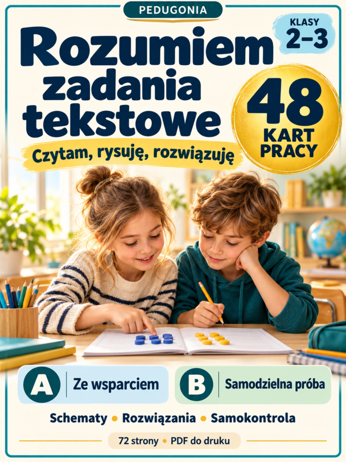 Zadania tekstowe, klasy 2–3 | Rozumiem, rysuję, rozwiązuję | 48 kart pracy PDF