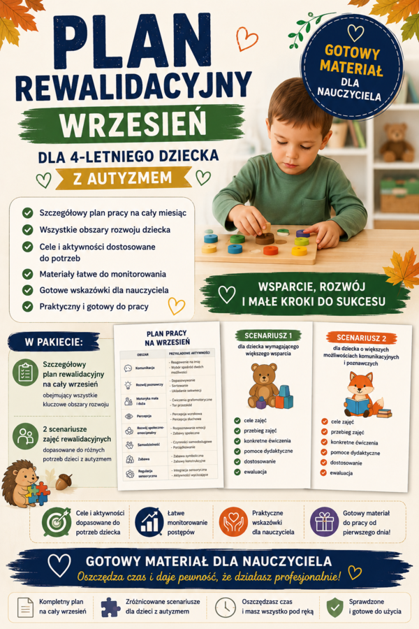 Indywidualny plan rewalidacyjny dla dziecka 4 letniego w spektrum autyzmu oraz 2 scenariusze zajęć rewalidacyjnych