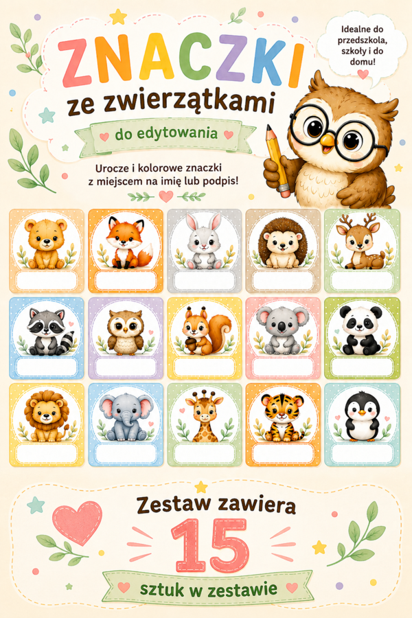 Znaczki przedszkolne – 15 słodkich zwierzątek do podpisania