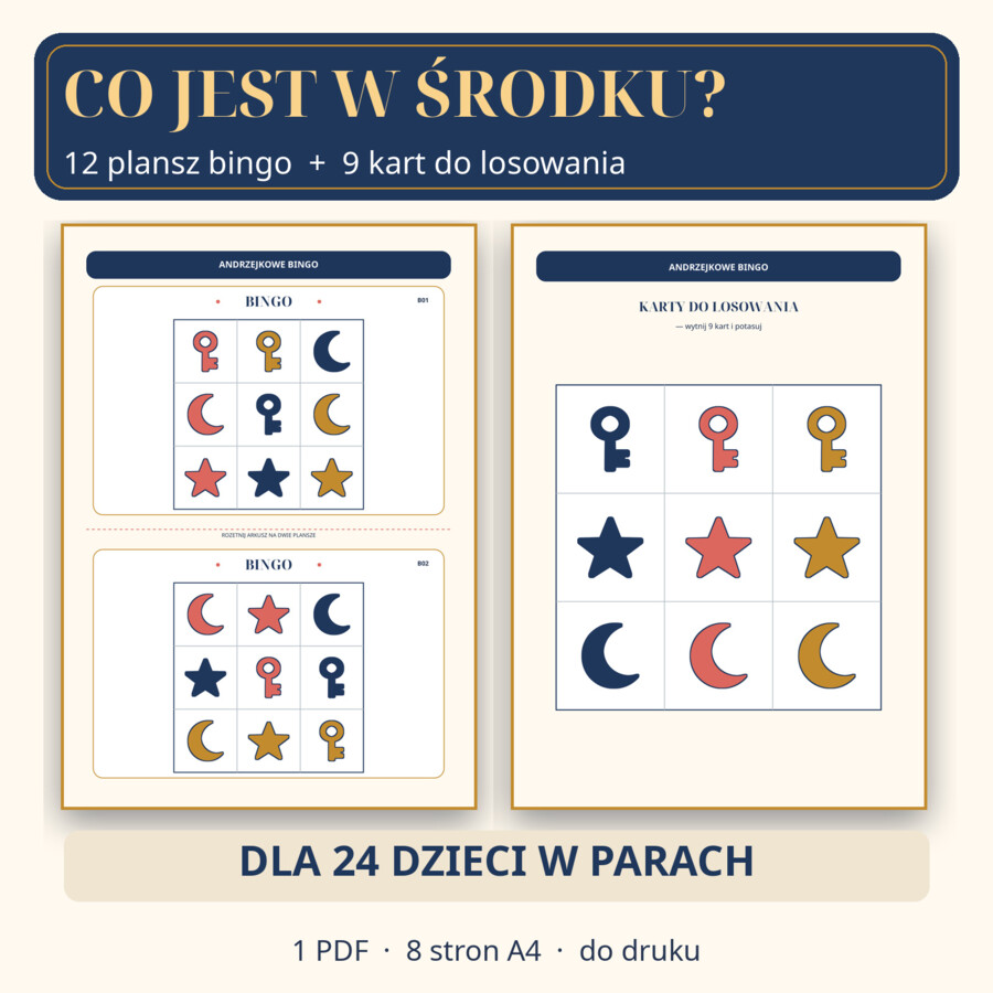 Andrzejkowe Bingo – Klucz, Gwiazda, Księżyc | 12 plansz i 9 kart | Przedszkole 5–6 lat