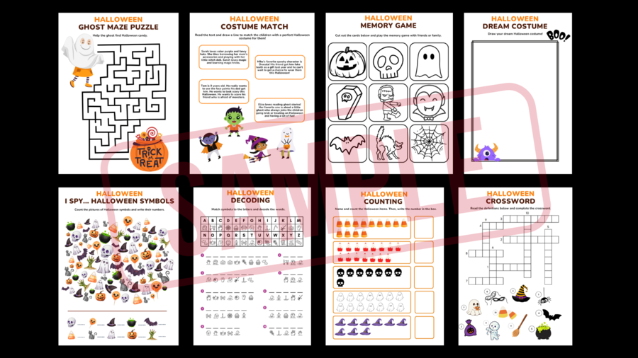 HALLOWEEN - Karty pracy z angielskiego dla klas 1-3 (wykreślanka, kodowanie, krzyżówka, kolorowanki, czytanie, łączenie  i WIĘCEJ!)