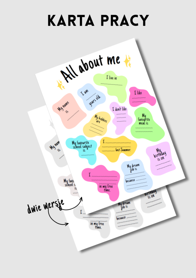 All about me - kreatywna karta pracy - chmurki - wklejka - ice-breaker - pomysł na rozpoczęcie roku - lekcja po wakacjach - angielski -  - 2 wersje - .pdf