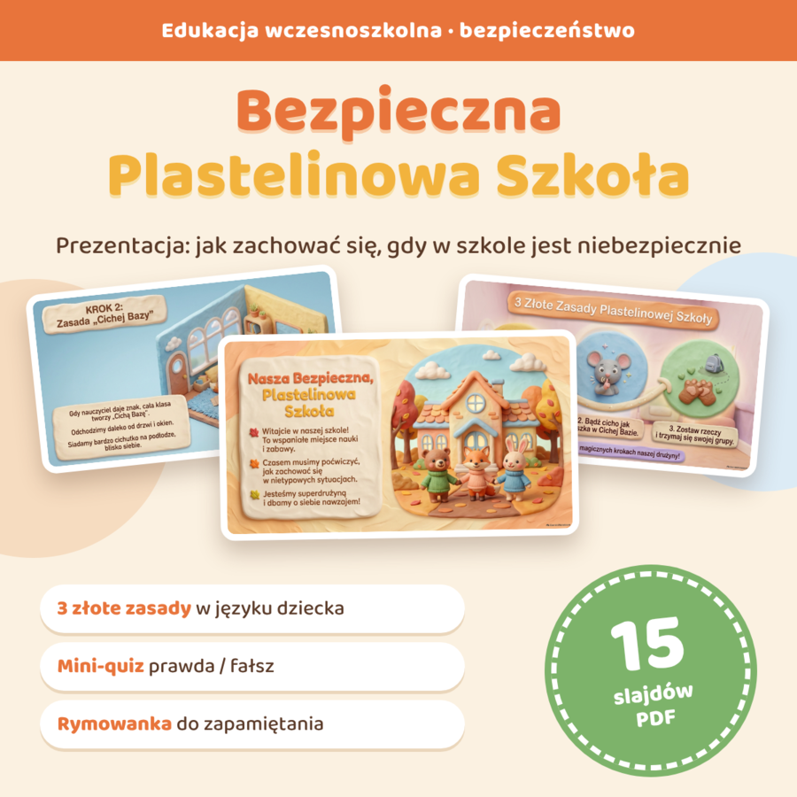 Bezpieczna Plastelinowa Szkoła – prezentacja o zachowaniu w sytuacji zagrożenia w szkole dla przedszkola i klas 1–3 (PDF i PPTX)