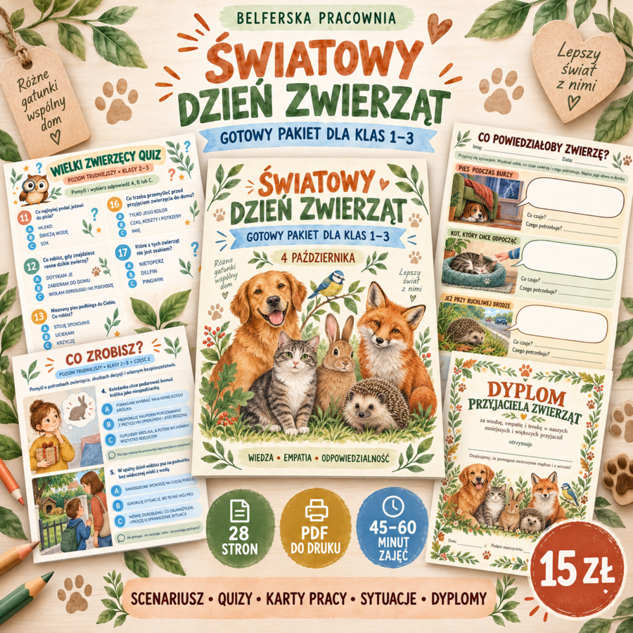 🐾 ŚWIATOWY DZIEŃ ZWIERZĄT – GOTOWY PAKIET DLA KLAS 1–3 🐾