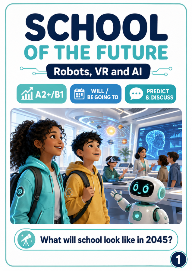 A012 Szkoła przyszłości: roboty, VR i AI – artykuł, will / be going to, E8/matura