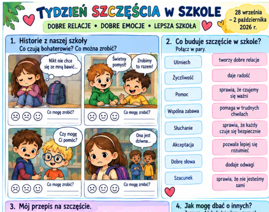 Kolorowe, komiksowe karty - Tydzień Szczęścia w Szkole.