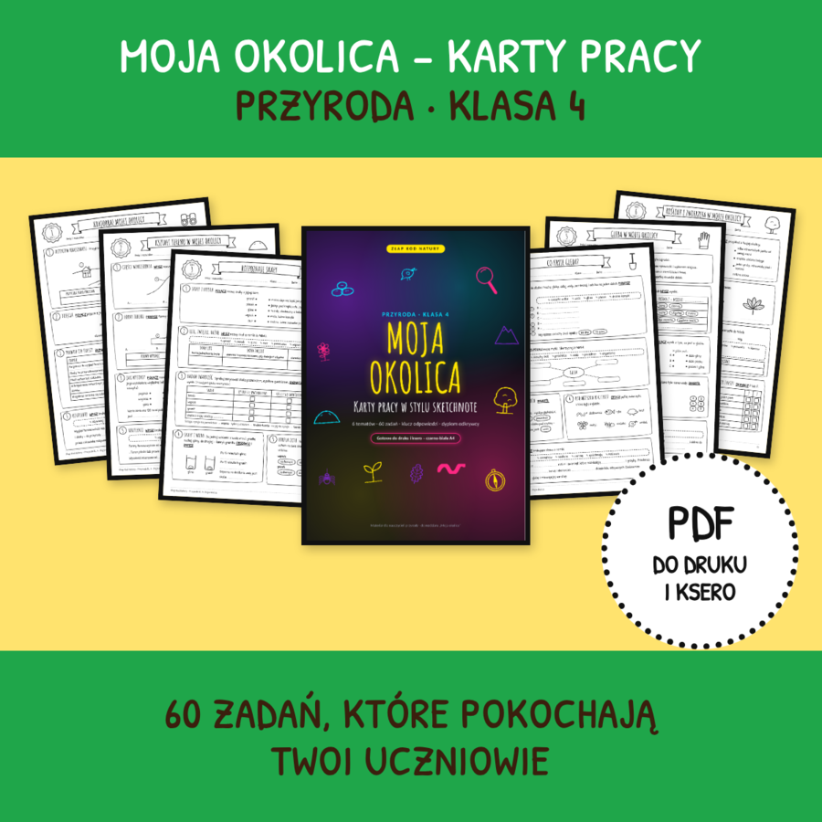 Przyroda Kl. 4: Moja okolica – Zestaw kart pracy Sketchnote + Klucz + Dyplom | Złap Kod Natury