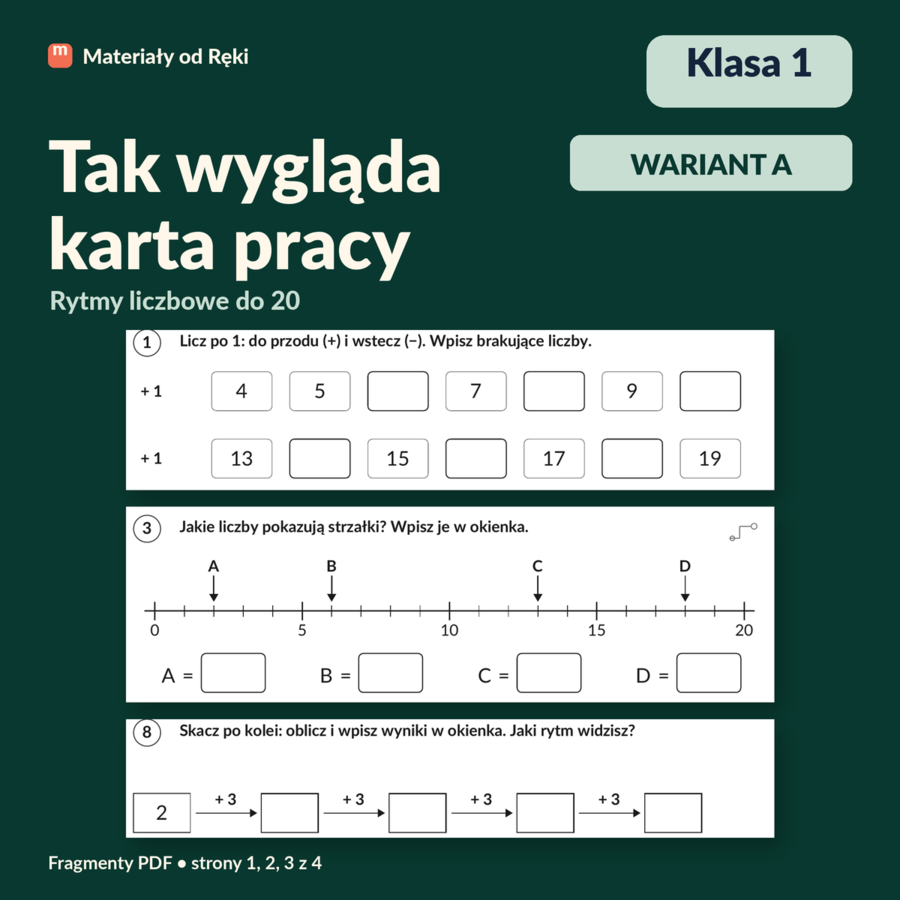 Rytmy liczbowe i brakujące liczby do 20 - karta pracy z kluczem | Matematyka, klasa 1 | Wariant A
