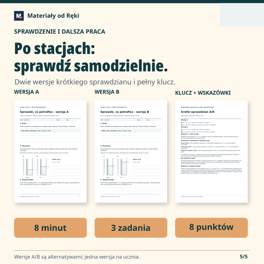 Gęstość pod lupą - 5 stacji zadaniowych, karta zespołu i sprawdzian A/B | Fizyka, klasa 7