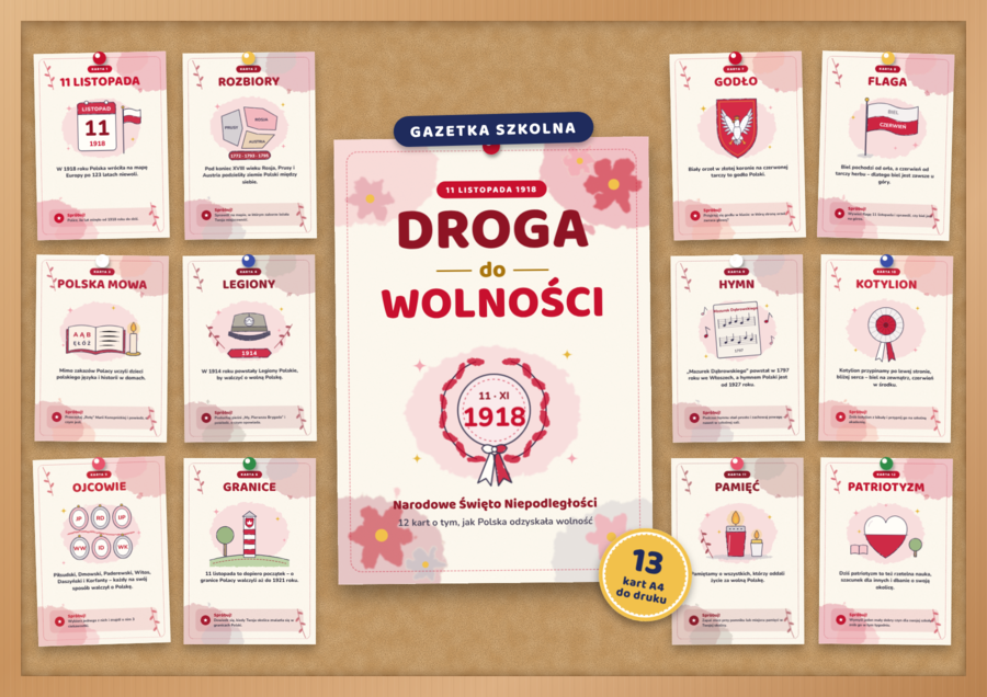 Gazetka na 11 listopada – gazetka szkolna do druku | 13 kart A4 w stylu akwareli, biało-czerwona