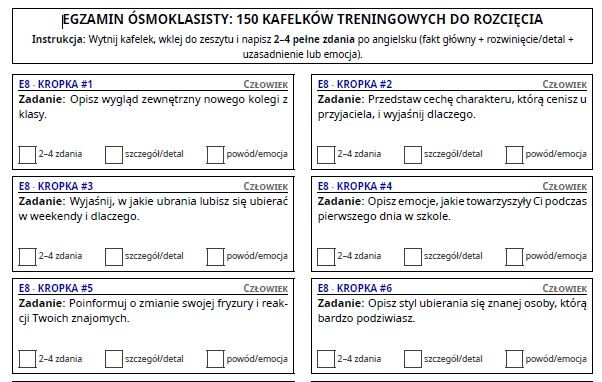 E8 WRITING BOOSTER: 150 Kafelków Treningowych do Wycięcia - pisanie egzamin ósmoklasisty angielski