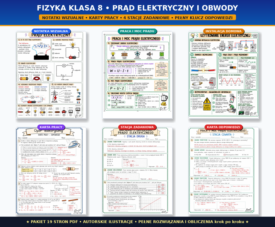Elektryczność (Prąd elektryczny) – Notatki wizualne, Karty pracy, Stacje zadaniowe + Klucz (Klasa 8)