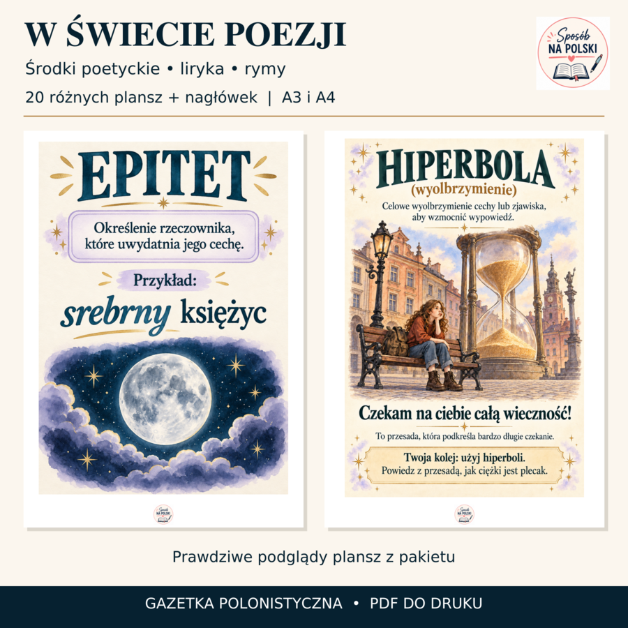 W świecie poezji – środki poetyckie, liryka i rymy | 20 plansz + nagłówek | A4 i A3