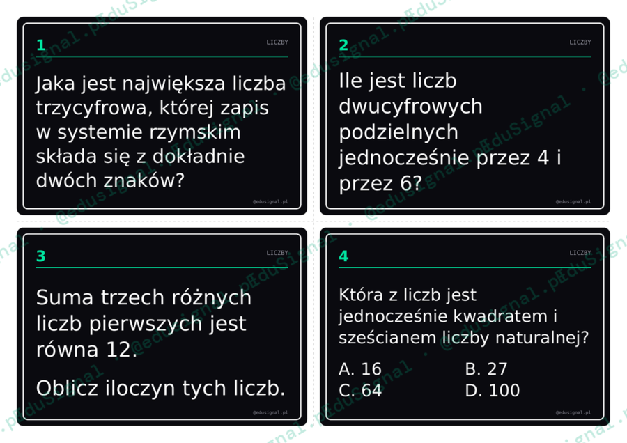 Zadania konkursowe z matematyki: 20 fiszek, klasa 6 (+ klucz z rozwiązaniami)
