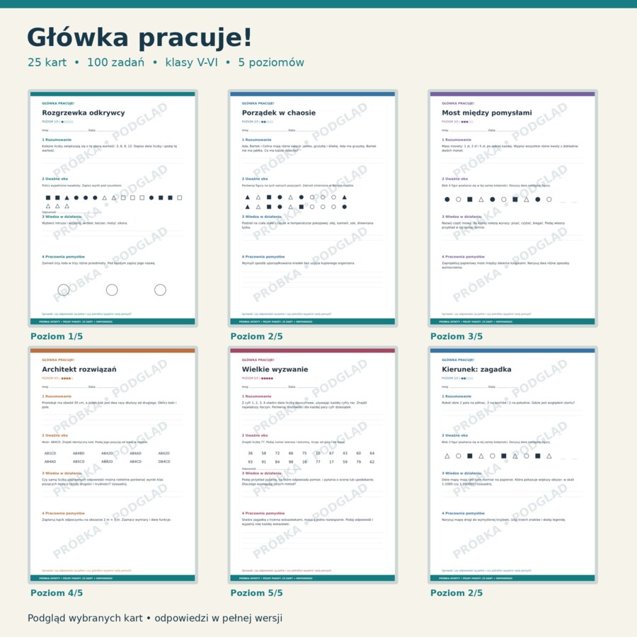 Główka pracuje! Klasy 5-6 | 25 kart, 100 zadań | 5 poziomów + odpowiedzi