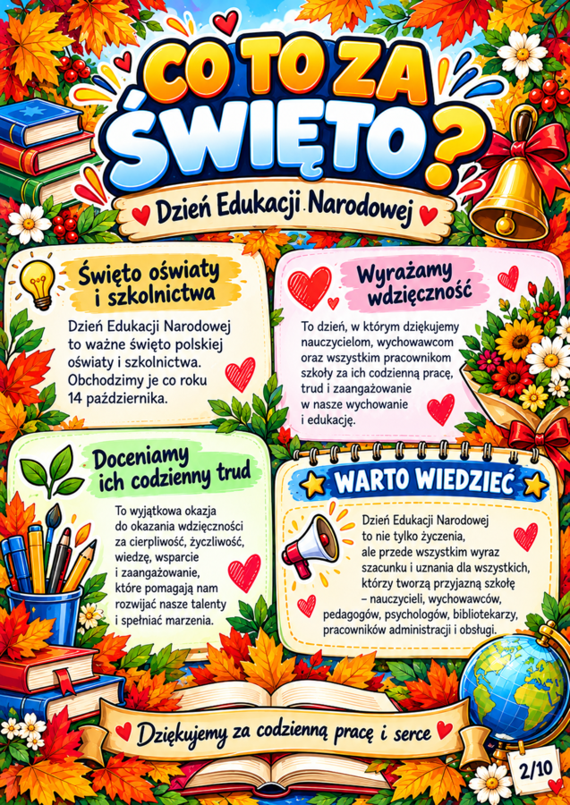 DZIEŃ EDUKACJI NARODOWEJ – 10 kolorowych plakatów A4 | gazetka szkolna, dekoracja klasy i korytarza