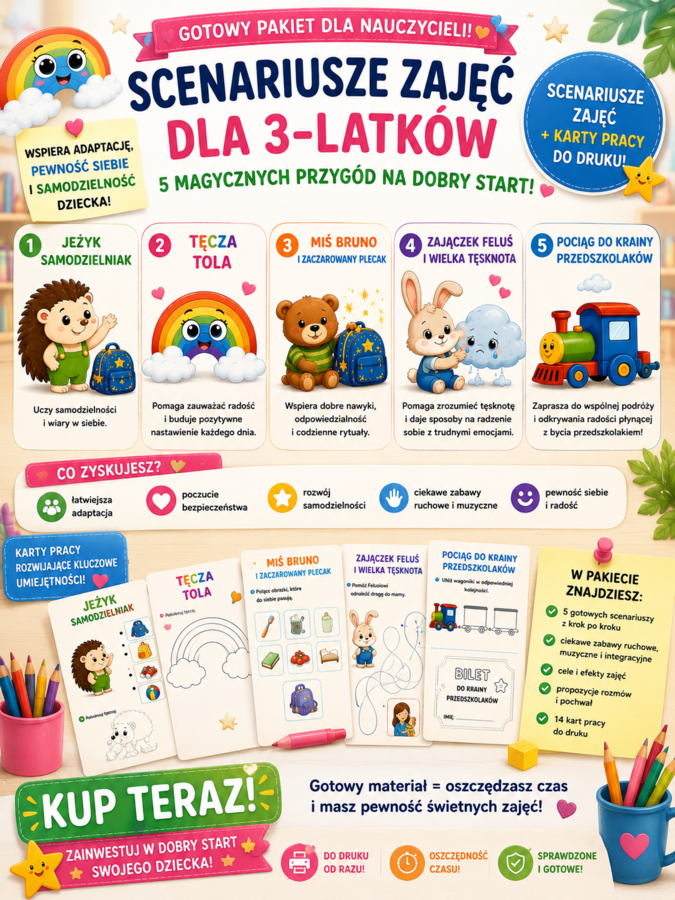 Profesjonalny pakiet 5 scenariuszy zajęć dla 3 latków  "Adaptacja  dziecka w przedszkolu", karty pracy