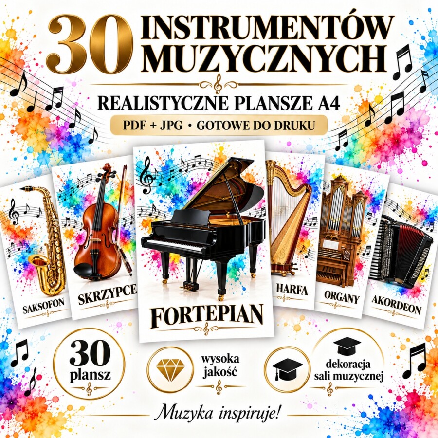 Instrumenty muzyczne – 30 realistycznych plansz A4 do druku