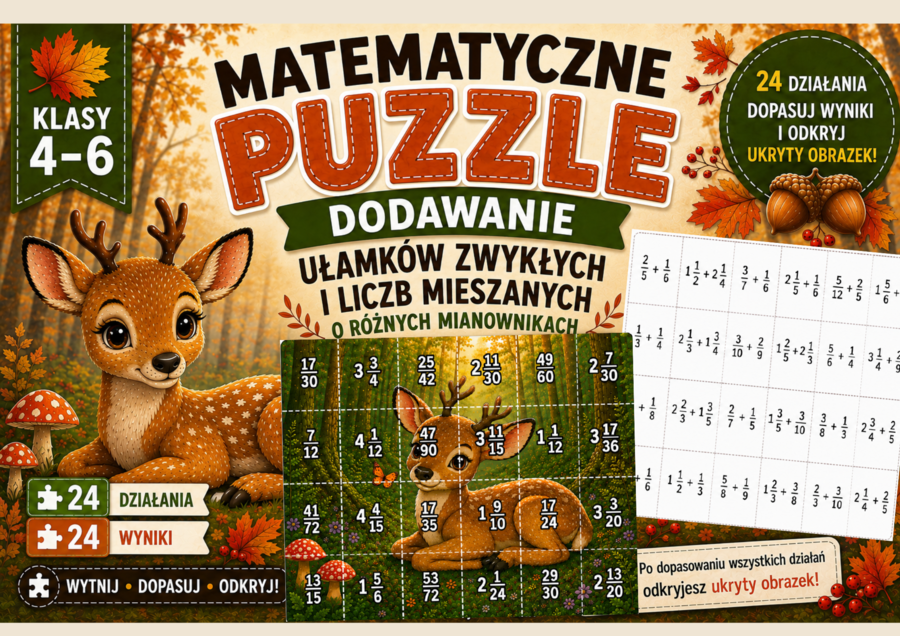 Matematyczne puzzle – dodawanie ułamków zwykłych i liczb mieszanych o różnych mianownikach – klasy 4–6