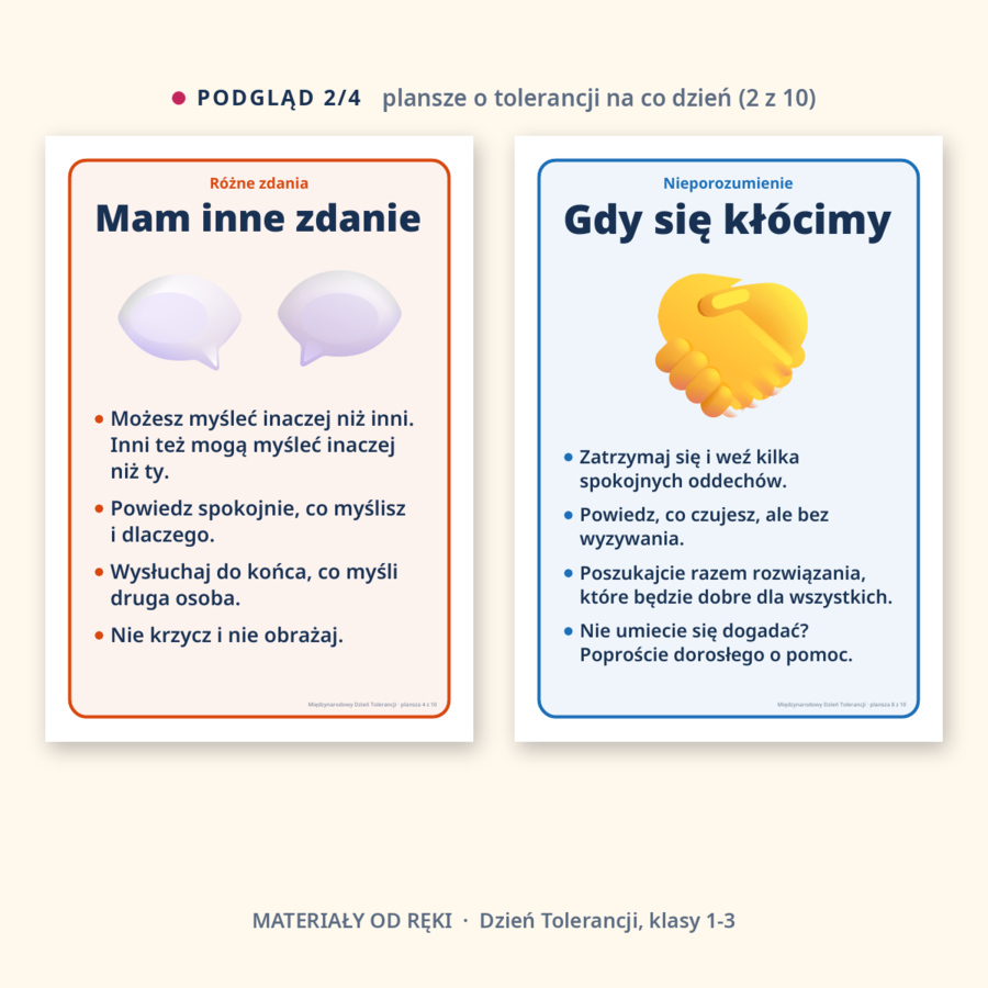 Gazetka na Międzynarodowy Dzień Tolerancji 16 listopada: napis, 10 plansz o tolerancji na co dzień, hasła i dekoracje, klasy 1-3