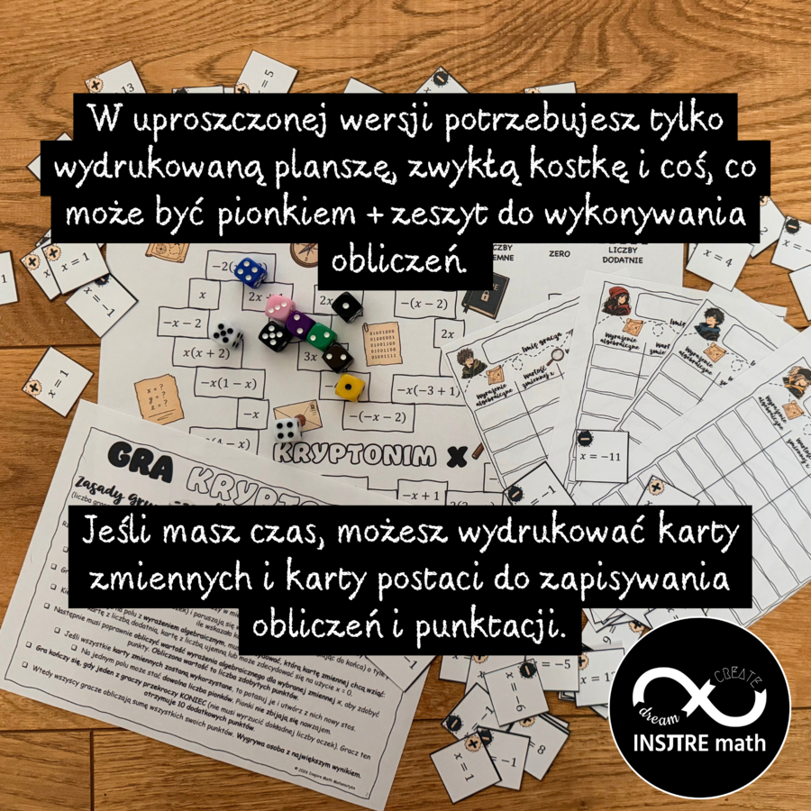 Wyrażenia algebraiczne GRA  KRYPTONIM  X obliczanie wartości wyrażeń algebraicznych i upraszczanie wyrażeń algebraicznych, Dzień Gier Planszowych