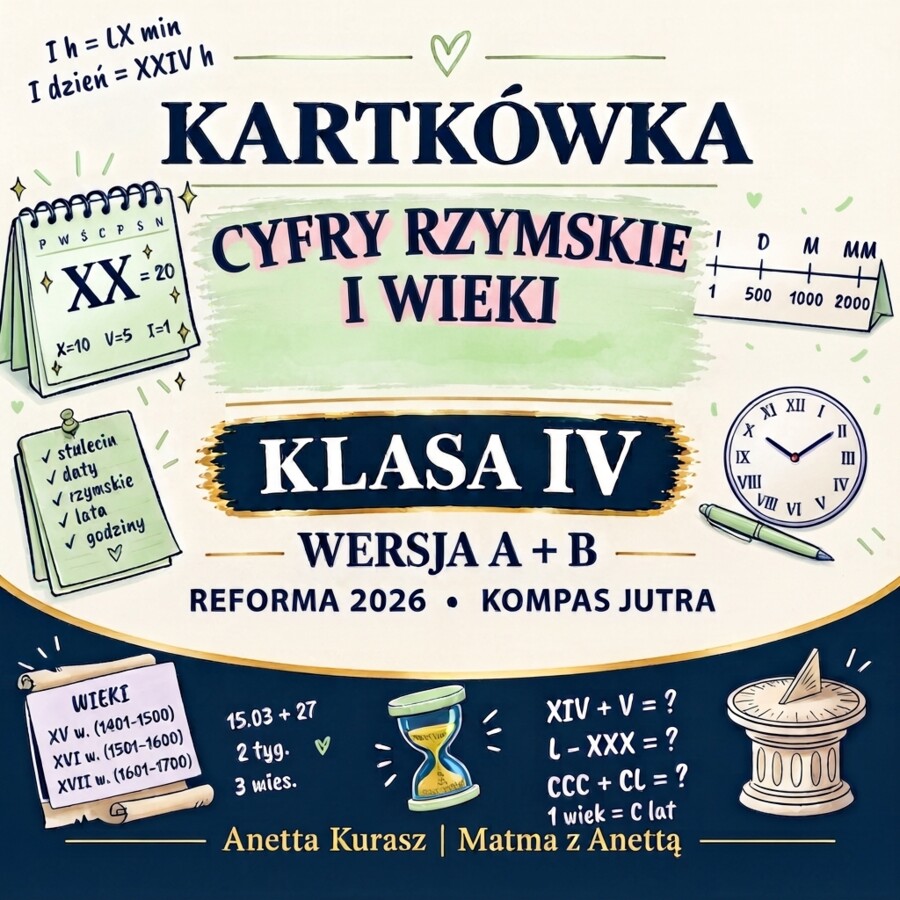 Kartkówka dla klasy IV - Cyfry rzymskie i wieki - grupa A i B + klucz odpowiedzi