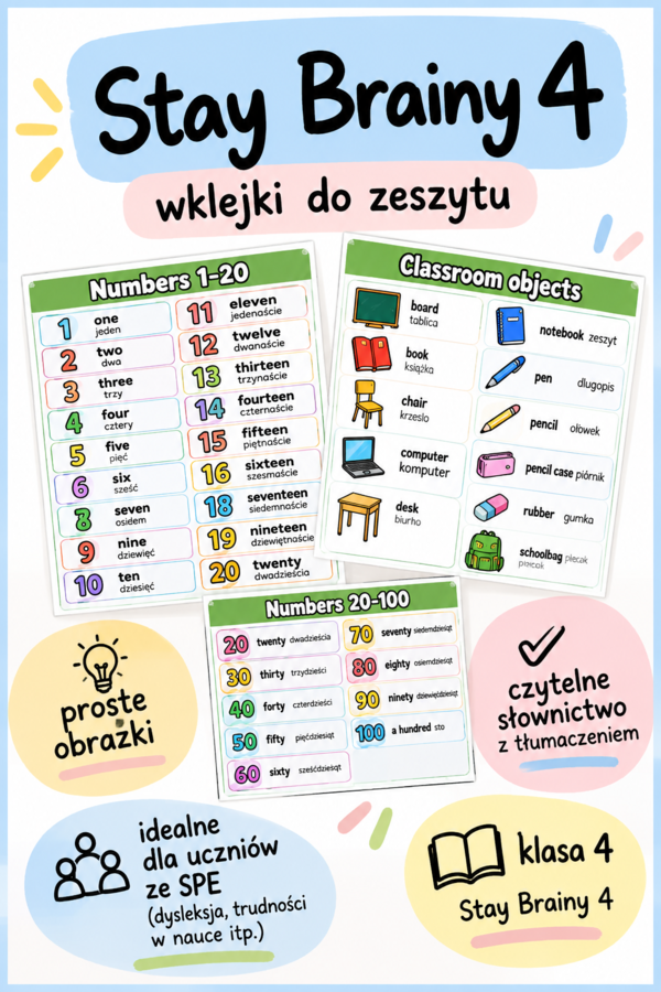 Stay Brainy 4 – wklejki ze słownictwem - proste, np. dla uczniów ze SPE | klasa 4