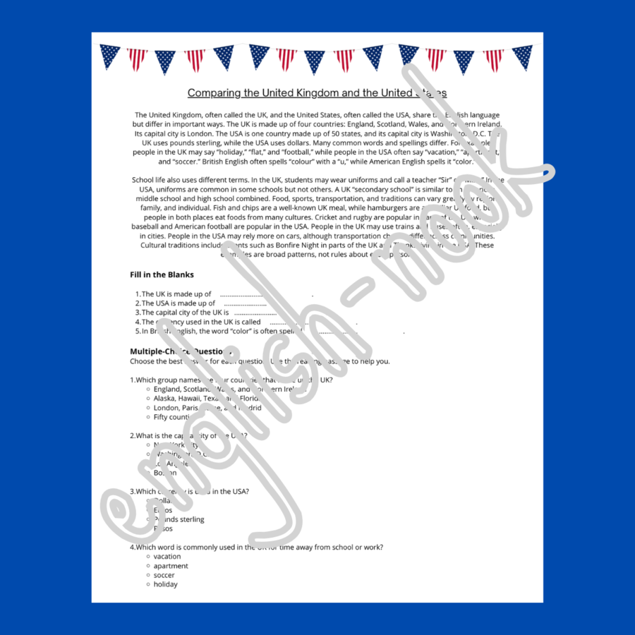Reading comprehension - Comparing and contrasting the UK and the USA