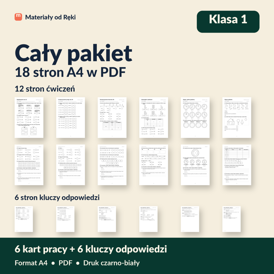 Matematyka klasa 1 - 6 tematów, 6 kart pracy z kluczami | Pakiet Wariant A