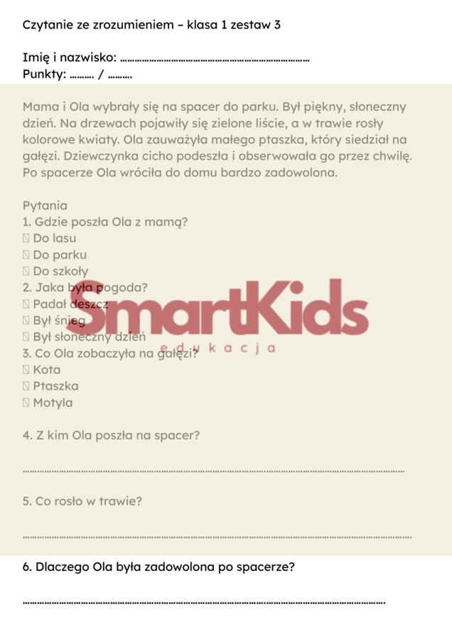 Czytanie ze zrozumieniem + dyktanda klasa 1 | Zestaw 10 kart pracy