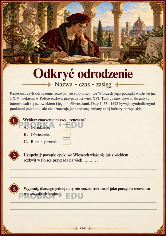 RENESANS — człowiek w centrum świata | LO | 22 karty dwustronne, 132 zadania i klucze