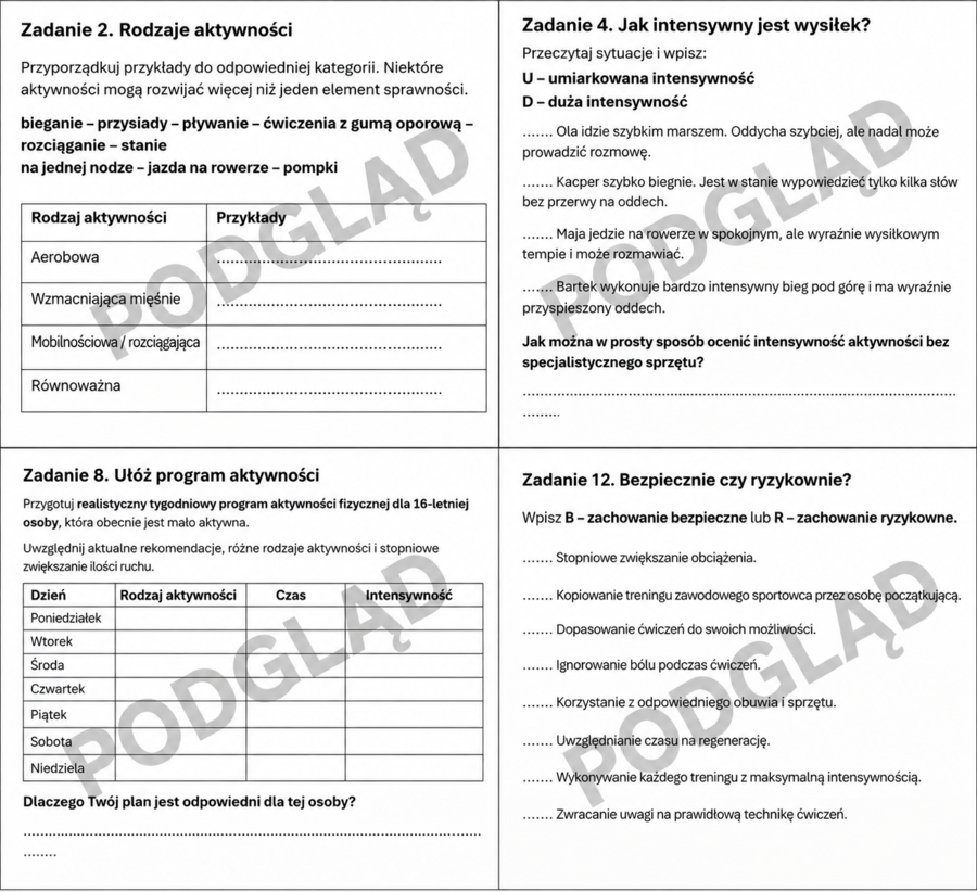 „Dobór programu aktywności fizycznej w oparciu o rekomendacje i rzetelne źródła informacji” – karta pracy + klucz odpowiedzi | edukacja zdrowotna