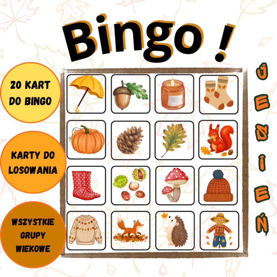 JESIENNE BINGO DLA DZIECI 🍂 | 20 KART DO GRY + KARTY DO LOSOWANIA